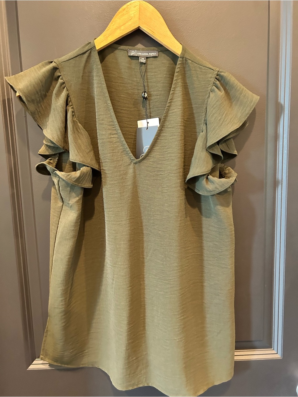 Adrianna Papell Olive Ruffle Sleeve V-Neck Blouse NEW w Tags